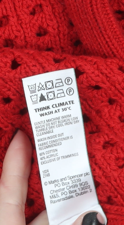 Marks and Spencer Women's Red V-Neck Open Knit Pullover Jumper M