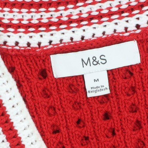 Marks and Spencer Women's Red V-Neck Open Knit Pullover Jumper M