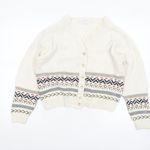 Marks and Spencer Women Ivory Fair Isle V-Neck Cardigan Size 12-14