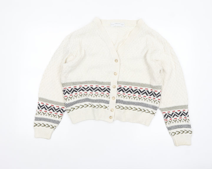 Marks and Spencer Women Ivory Fair Isle V-Neck Cardigan Size 12-14