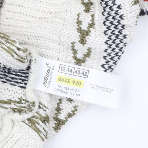 Marks and Spencer Women Ivory Fair Isle V-Neck Cardigan Size 12-14