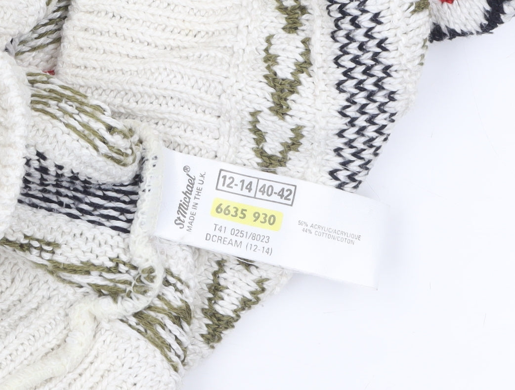 Marks and Spencer Women Ivory Fair Isle V-Neck Cardigan Size 12-14