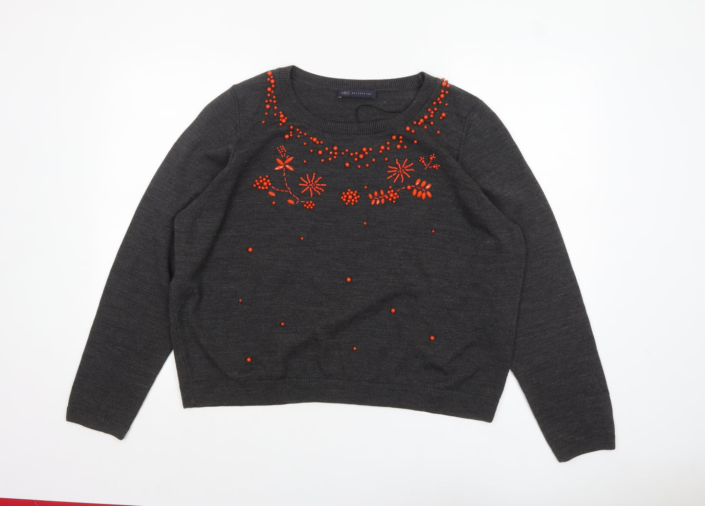 Marks and Spencer Women Grey Beaded Crew Neck Jumper Size 24