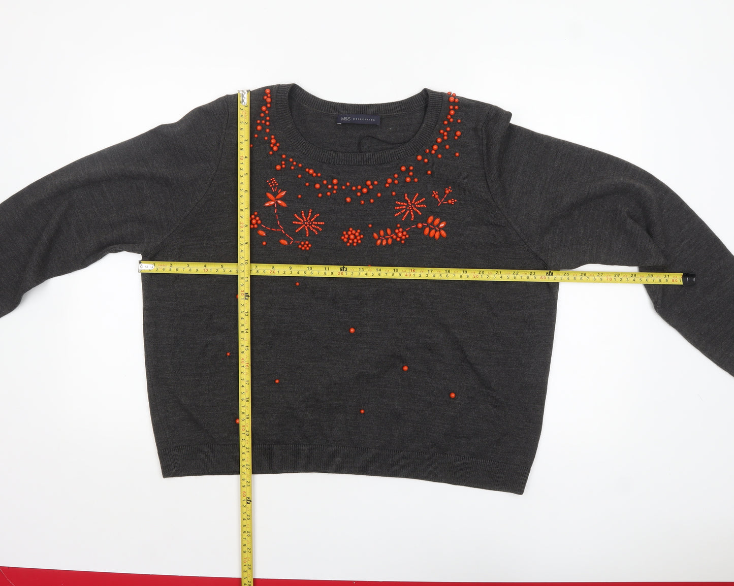 Marks and Spencer Women Grey Beaded Crew Neck Jumper Size 24