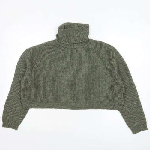 Stradivarius Women Green Roll Neck Rib-Knit Long Sleeve Pullover Jumper M