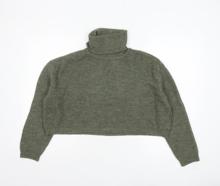 Stradivarius Women Green Roll Neck Rib-Knit Long Sleeve Pullover Jumper M