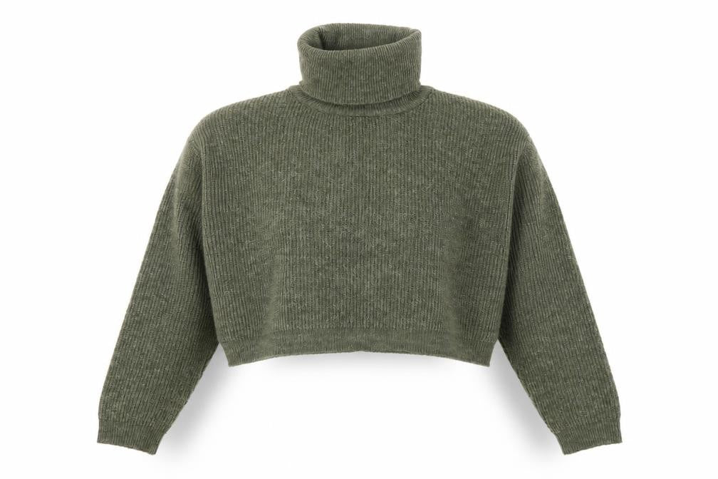 Front view of Stradivarius Women Green Roll Neck Rib-Knit Long Sleeve jumper M