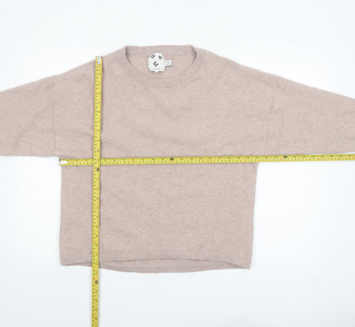 BAM Women Beige Wool Crew Neck Long Sleeve Pullover L Jumper