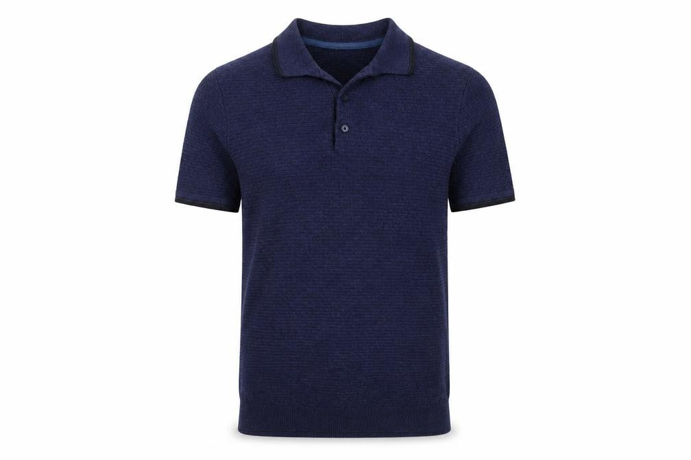 Front view of Racing Green Men's Blue Collared Knit Short Sleeve jumper M