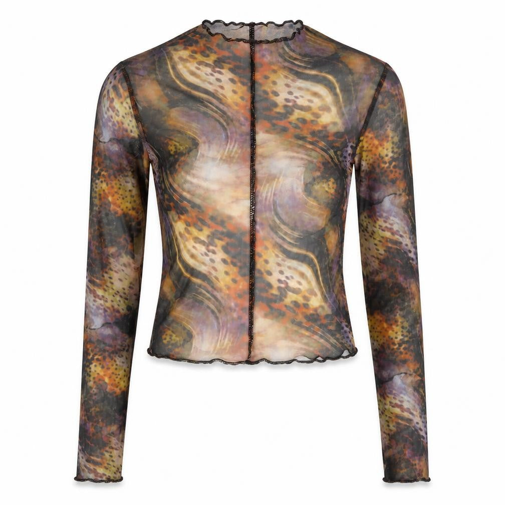 Front view of PRETTYLITTLETHING Women's Multicoloured Mesh Cropped Long Sleeve Top UK 6