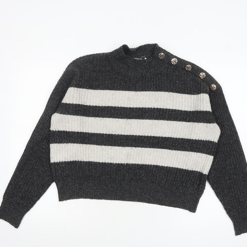 Nutmeg Women Grey & Cream Striped Pullover Jumper Size 8-10