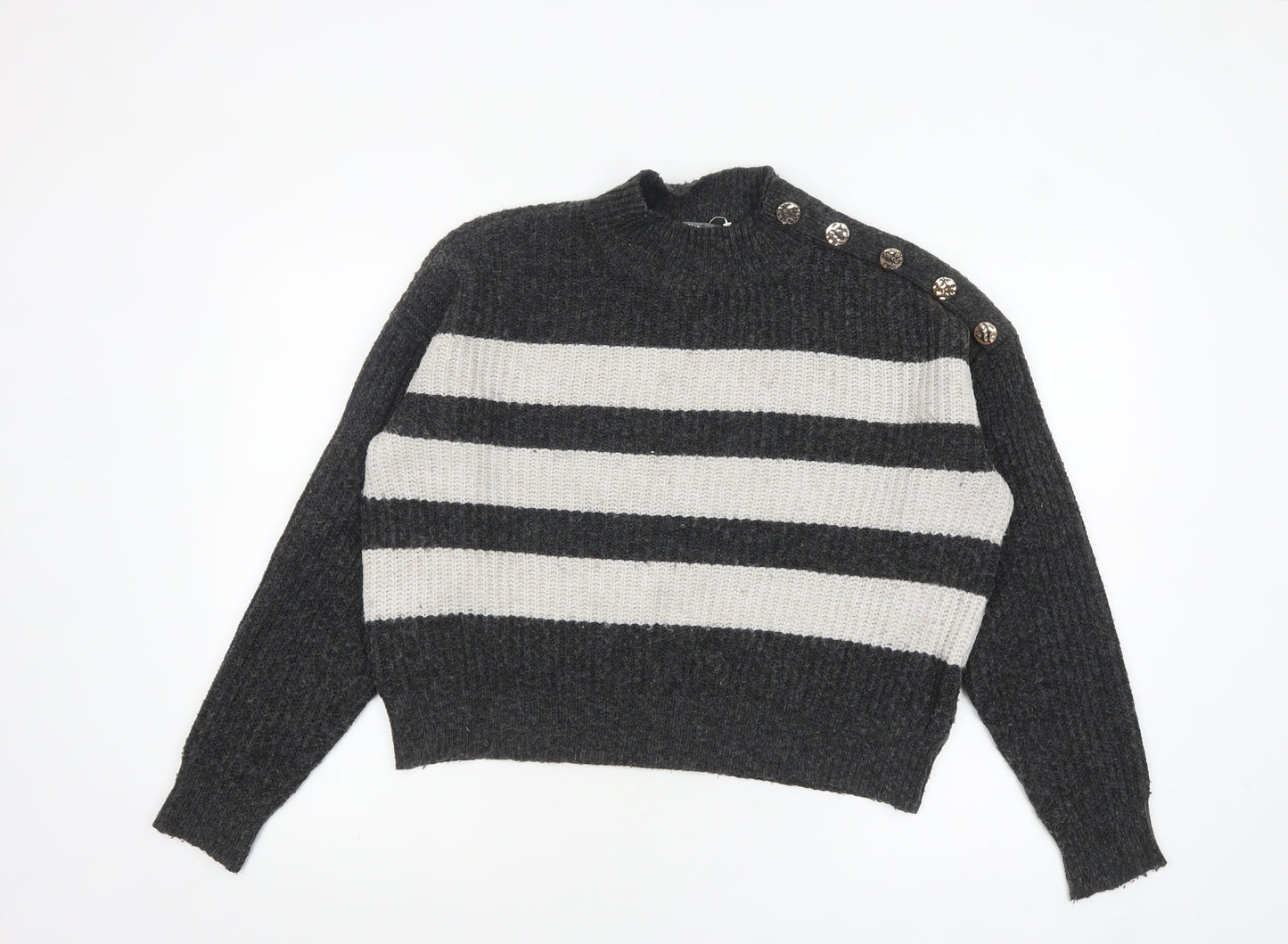 Nutmeg Women Grey & Cream Striped Pullover Jumper Size 8-10