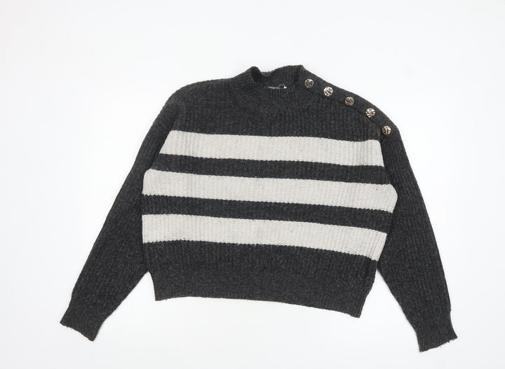 Nutmeg Women Grey & Cream Striped Pullover Jumper Size 8-10