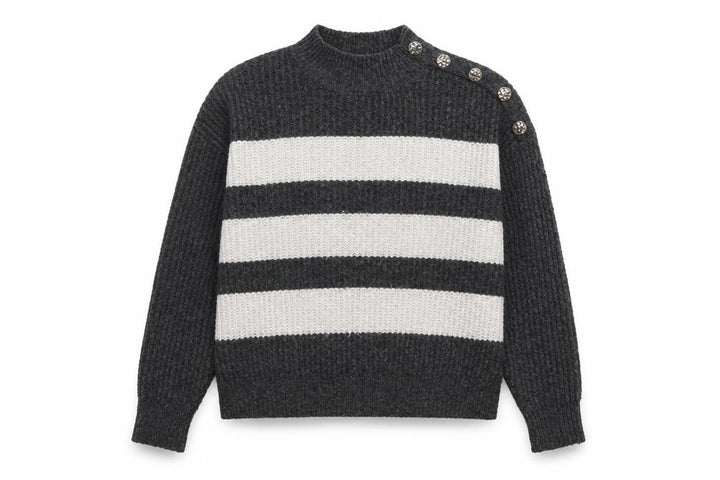Nutmeg Women Grey & Cream Striped Pullover Jumper Size 8-10