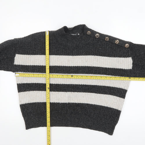 Nutmeg Women Grey & Cream Striped Pullover Jumper Size 8-10