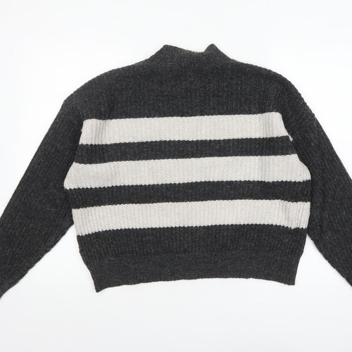 Nutmeg Women Grey & Cream Striped Pullover Jumper Size 8-10