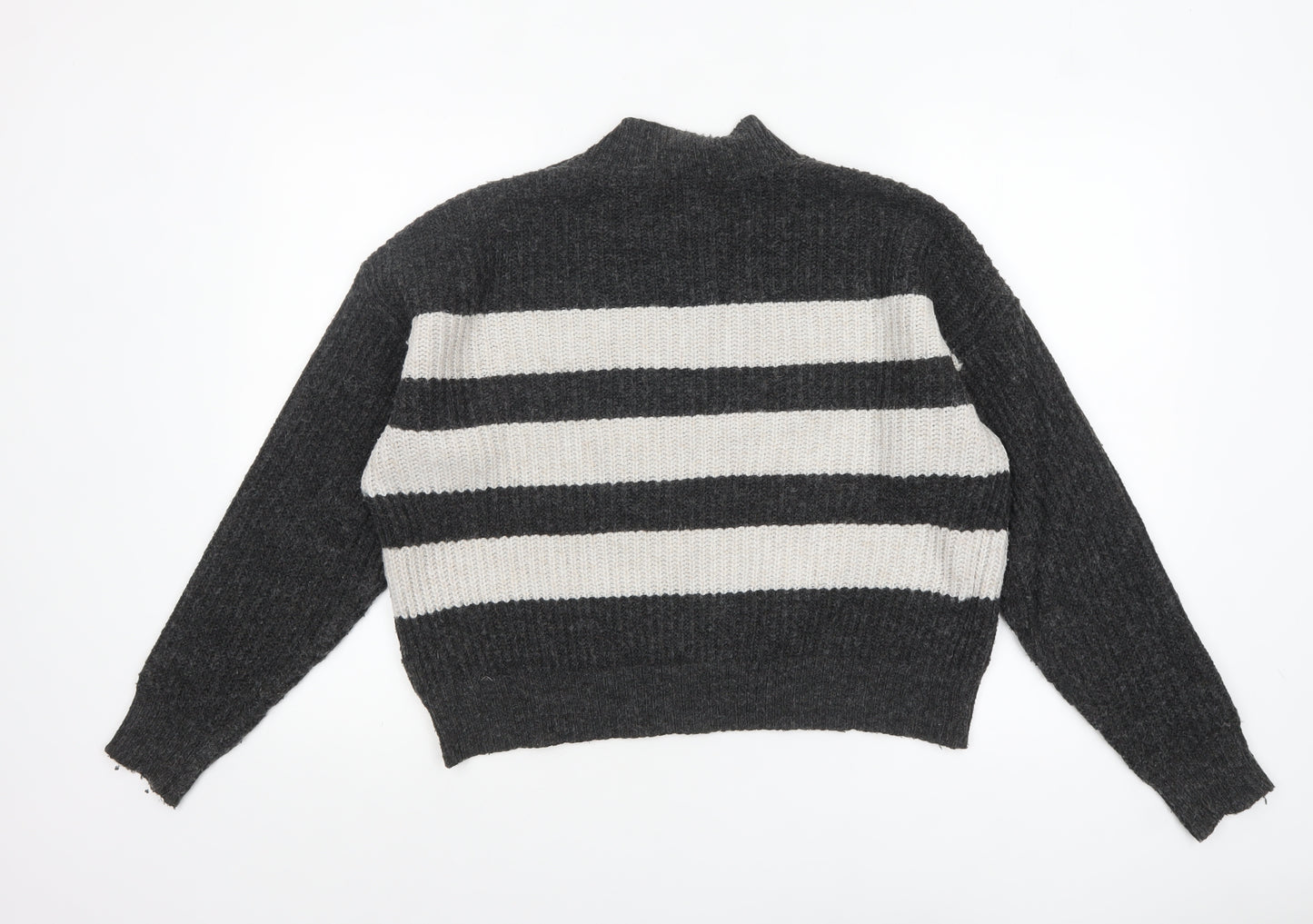 Nutmeg Women Grey & Cream Striped Pullover Jumper Size 8-10