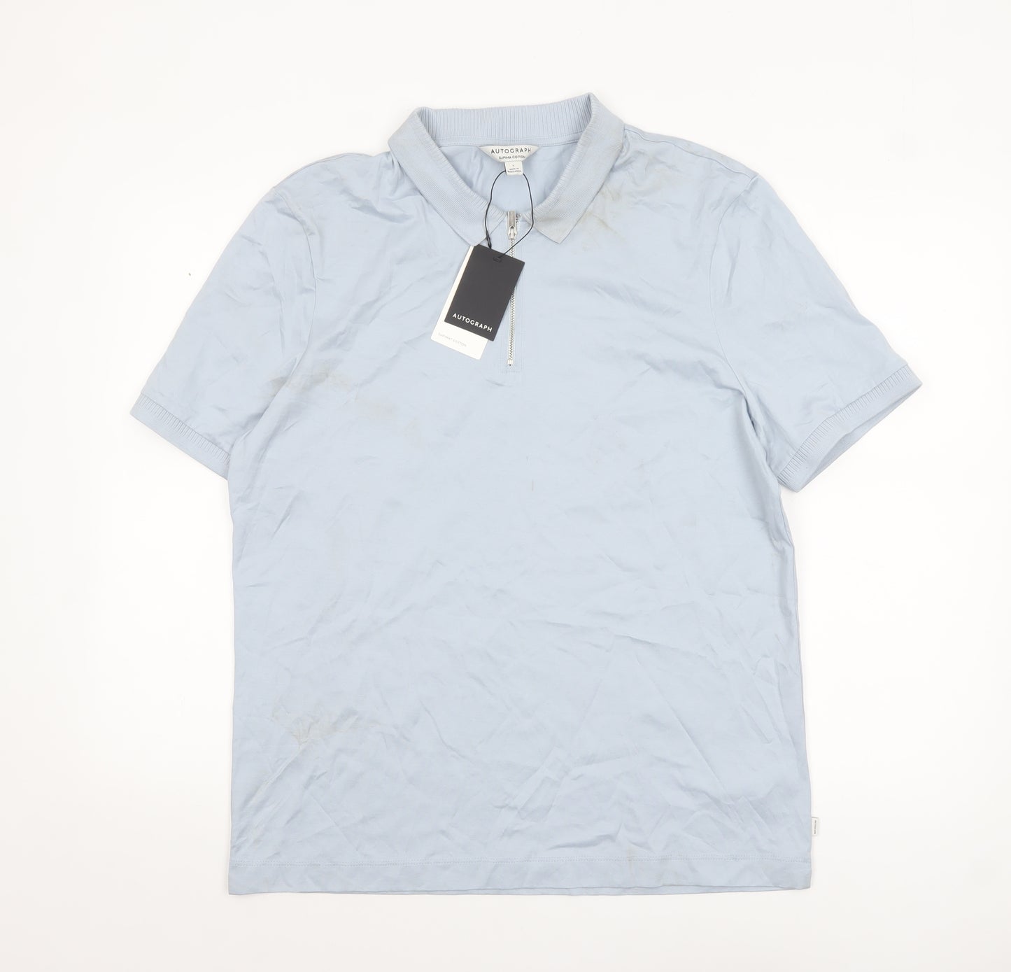 Marks and Spencer Autograph Men's Light Blue Supima Cotton Zip Polo L