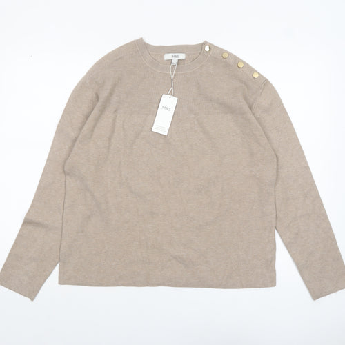 Marks and Spencer Women Beige Knit Button Shoulder Pullover Jumper M