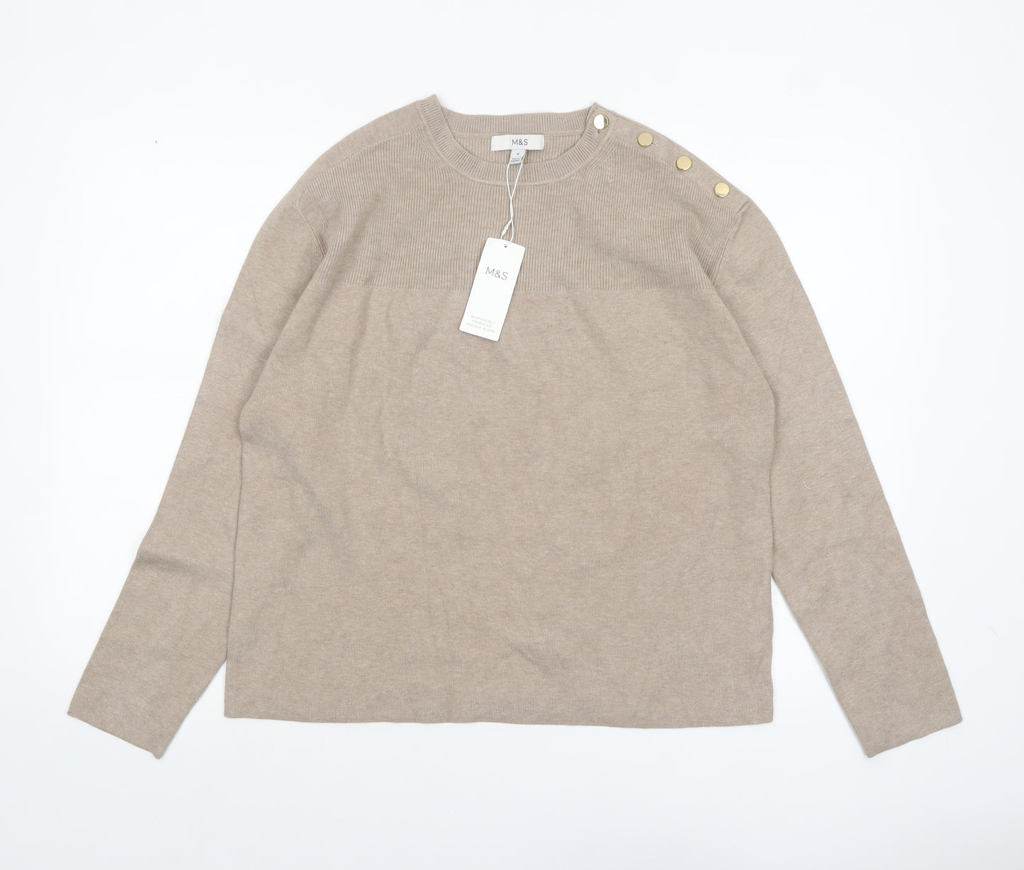 Marks and Spencer Women Beige Knit Button Shoulder Pullover Jumper M