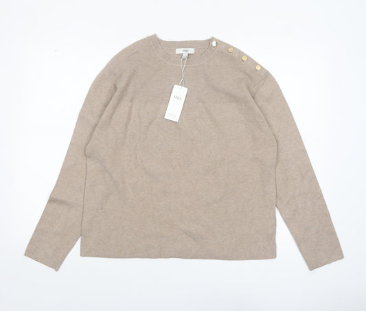 Marks and Spencer Women Beige Knit Button Shoulder Pullover Jumper M