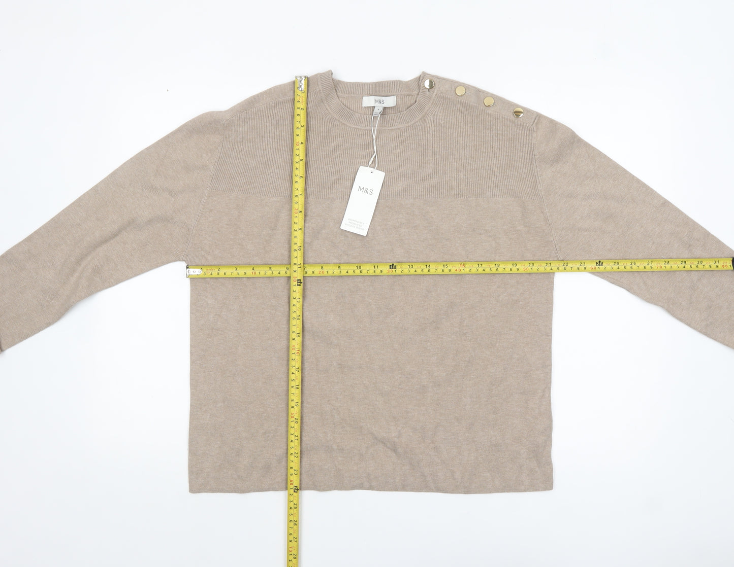 Marks and Spencer Women Beige Knit Button Shoulder Pullover Jumper M