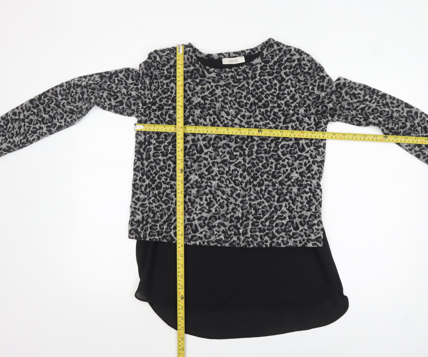 Oasis Women’s Grey Leopard Print Knit Tunic Blouse Size S
