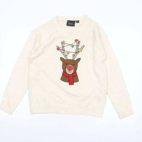 Brave Soul Women's Ivory XS Christmas Reindeer Sequin Jumper