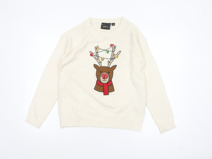 Brave Soul Women's Ivory XS Christmas Reindeer Sequin Jumper