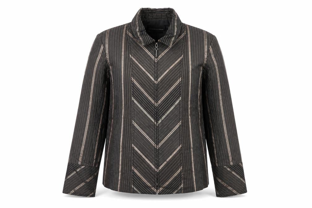 Front view of Stitches Australia Women's Brown Striped Zip Jacket, size 14