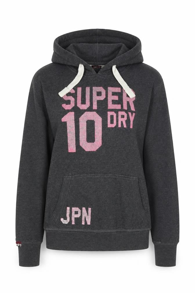Front view of Superdry Women's Dark Grey Pullover Hoodie, size XL, Cotton Blend
