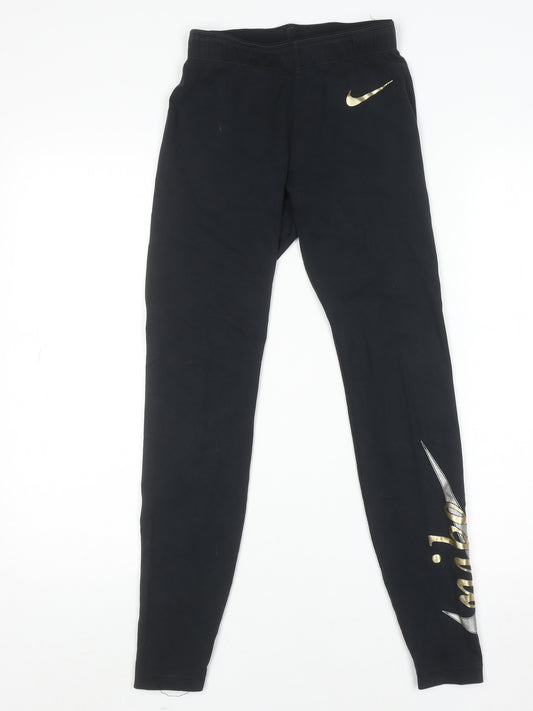 Nike Womens Black XS Leggings Gold Logo Stretch Activewear Trousers