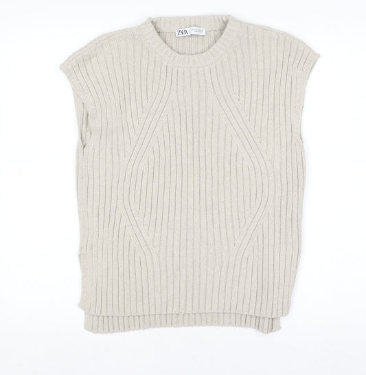 ZARA Women Beige Sleeveless Ribbed Knit Pullover Jumper Size M