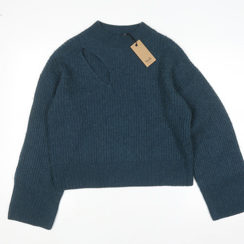 Hush Women Blue Ribbed High Neck Wool Blend Pullover Jumper Size S