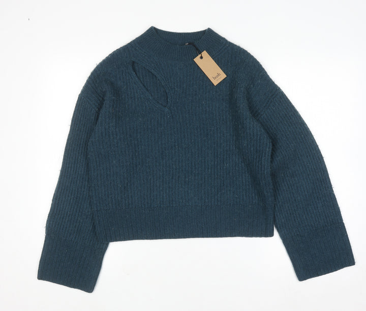 Hush Women Blue Ribbed High Neck Wool Blend Pullover Jumper Size S
