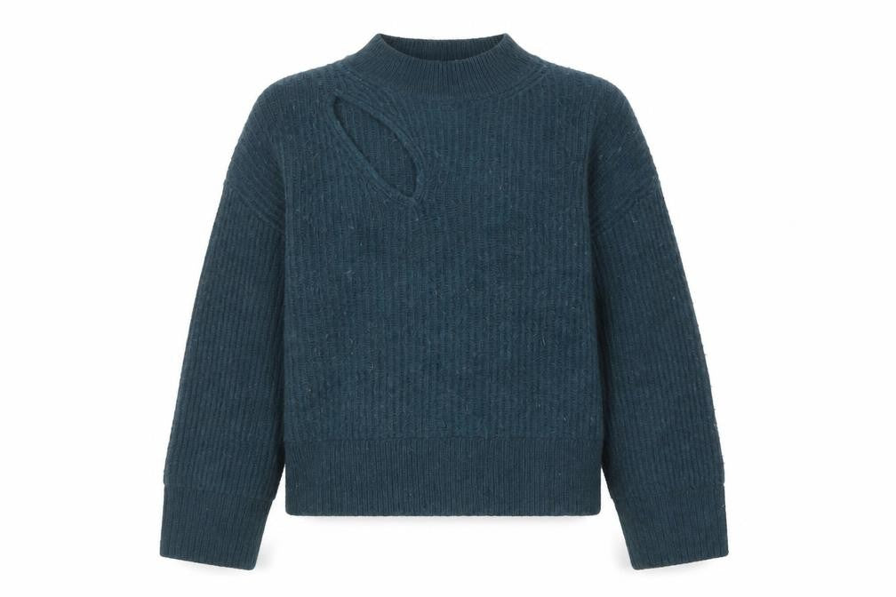 Front view of Hush Women Blue Ribbed High Neck Wool Blend jumper, size S