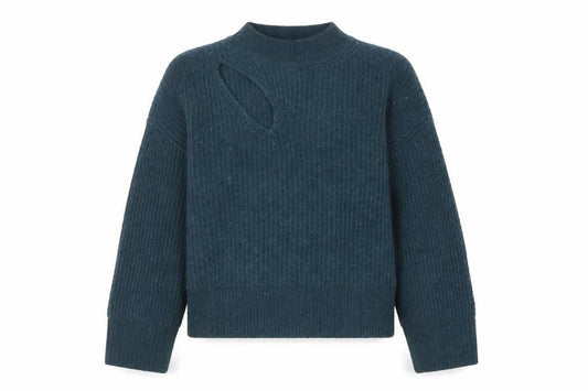 Front view of Hush Women Blue Ribbed High Neck Wool Blend jumper, size S