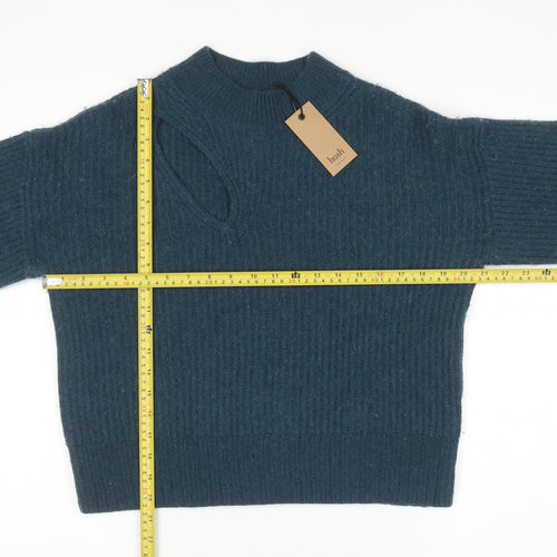 Hush Women Blue Ribbed High Neck Wool Blend Pullover Jumper Size S