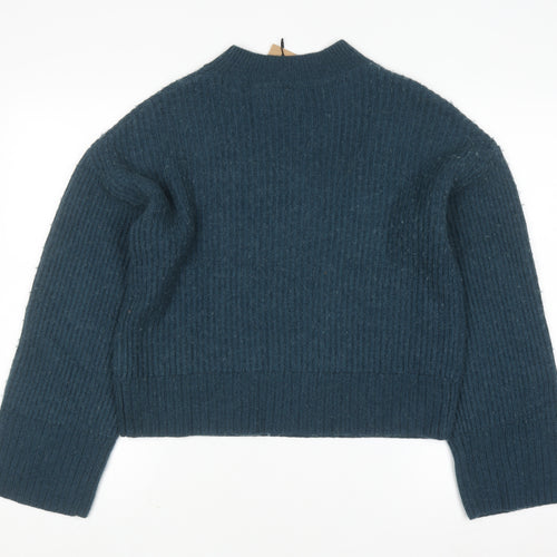 Hush Women Blue Ribbed High Neck Wool Blend Pullover Jumper Size S
