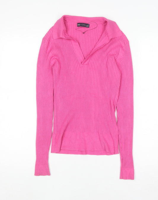 Marks and Spencer Women’s Pink Collared Rib Knit Long Sleeve Top Size 10