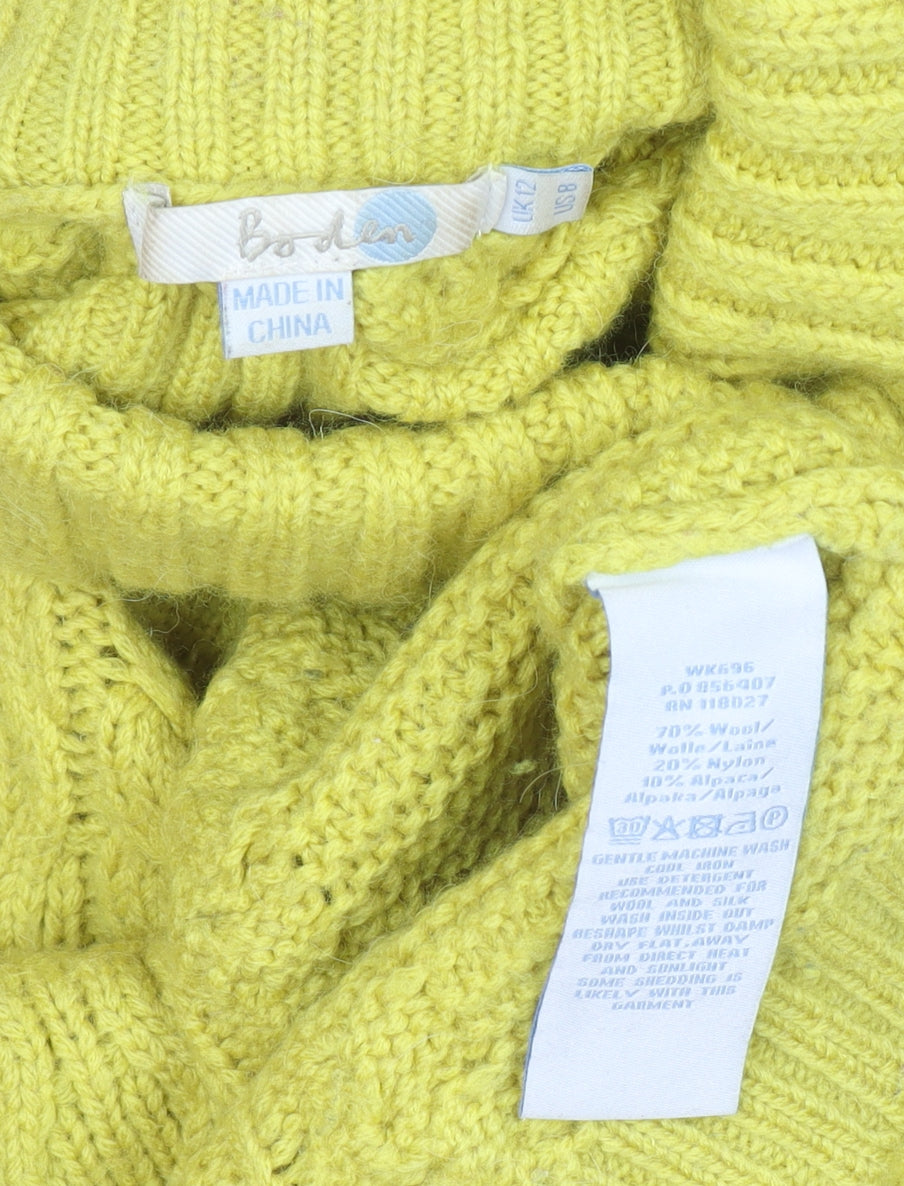 Boden Women's Yellow Roll Neck Cable-Knit Wool Jumper Size 12