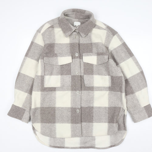 H&M Womens Beige Check Fleece Shacket Jacket Size M