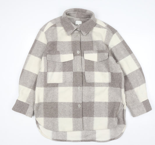 H&M Womens Beige Check Fleece Shacket Jacket Size M