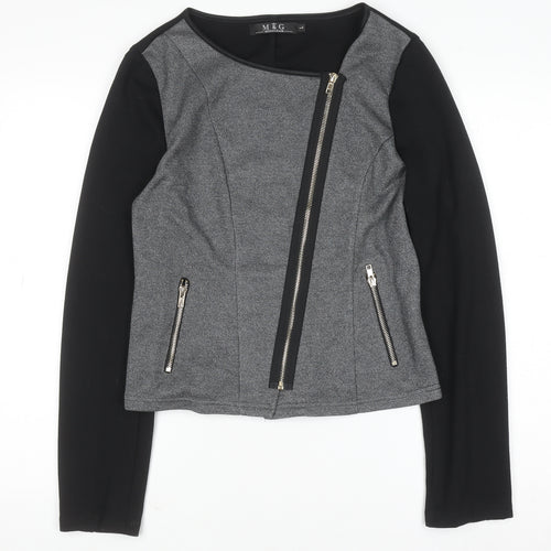 M&G Monogram Womens Grey Black Biker Jacket Size L Zip Style