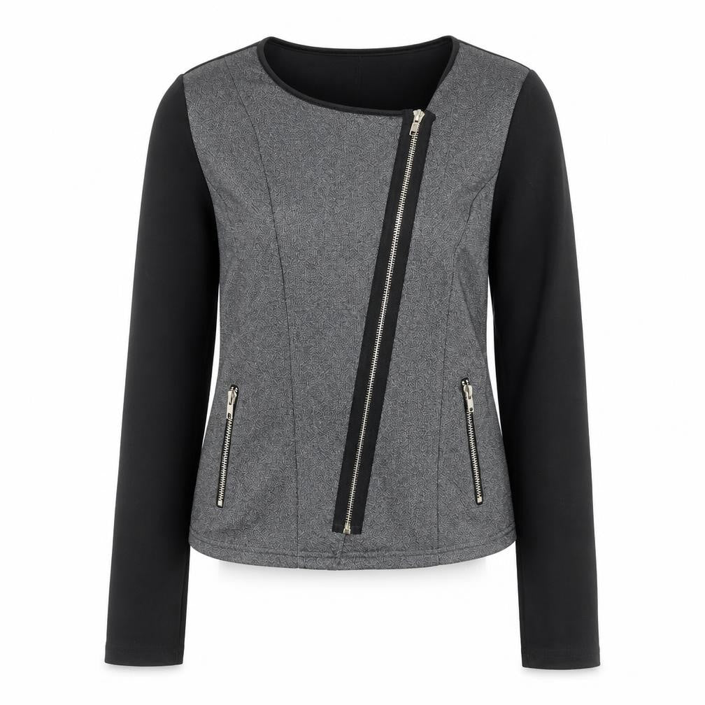 Front view of M&G Monogram women’s grey black biker jacket, size L, zip style