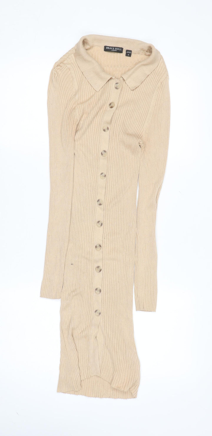 Brave Soul Women's Beige Rib Knit Collared Shirt Dress Size S
