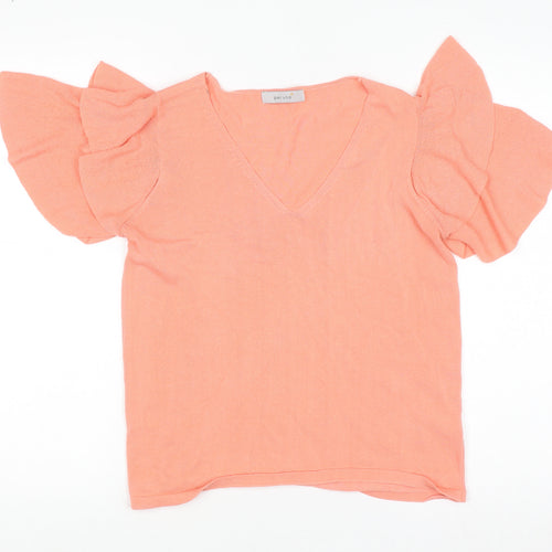 Marks and Spencer Women Pink Ruffle Sleeve V-Neck Knit T-Shirt Size 12