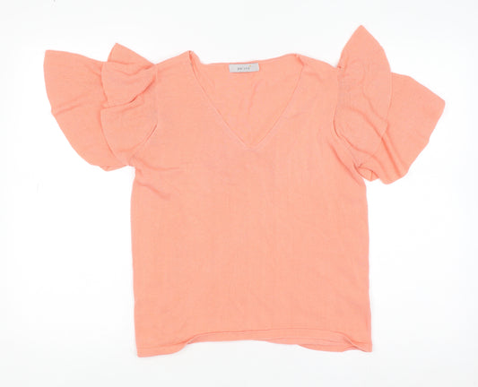 Marks and Spencer Women Pink Ruffle Sleeve V-Neck Knit T-Shirt Size 12