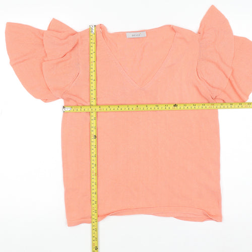 Marks and Spencer Women Pink Ruffle Sleeve V-Neck Knit T-Shirt Size 12