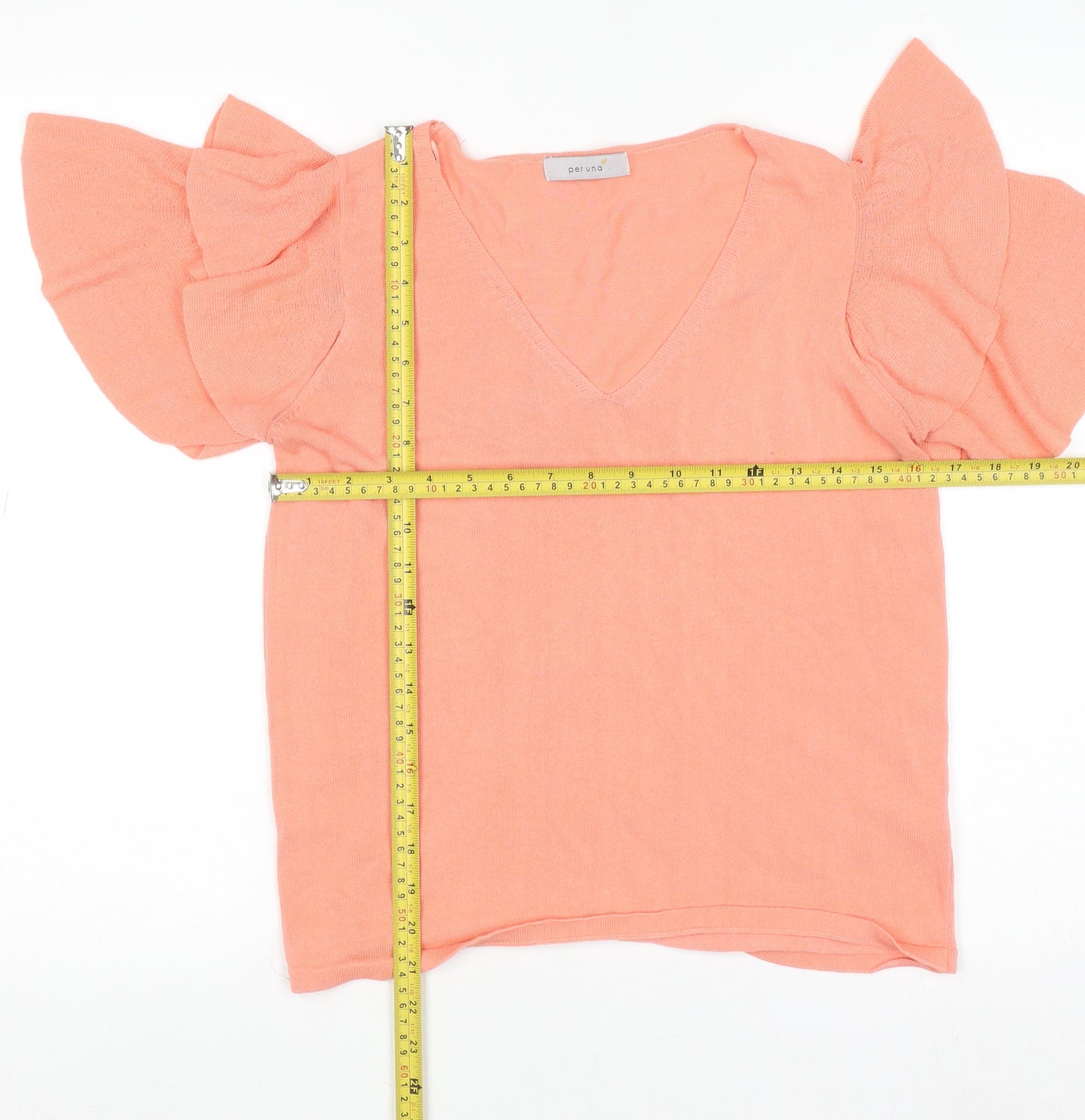 Marks and Spencer Women Pink Ruffle Sleeve V-Neck Knit T-Shirt Size 12